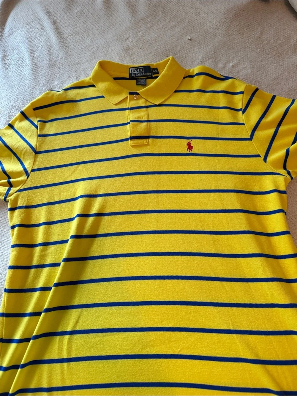 Polo by Ralph Lauren Yellow Polo with Navy Stripes and Red Logo